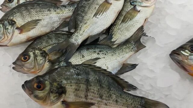 Freshly Caught Fish on Ice - Several whole fish, possibly crappie or similar species, lie on a bed of crushed ice. The fish are displayed in a close-up shot, showcasing their scales and coloring.