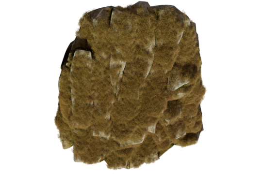 Overhead view of a digitally rendered or physically crafted, irregular-shaped rock formation heavily textured with a tan-brown, short, fibrous material resembling dried grass or moss