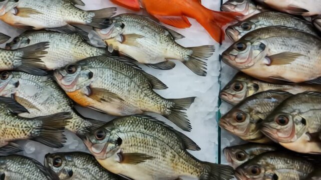 Fresh Green Sunfish on Ice at Market - A close-up shot of numerous green sunfish arranged on a bed of ice, showcasing their detailed scales and vibrant colors.