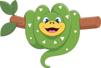 Cartoon green snake on tree branch, happy face, jungle reptile illustration
