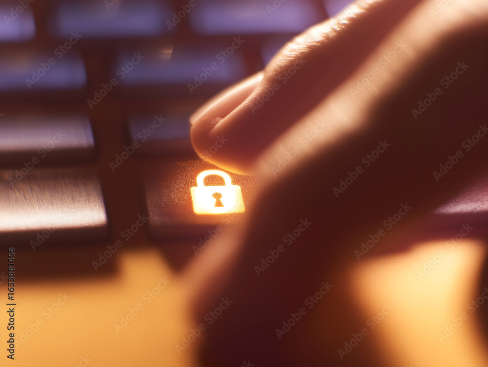 Poster a close-up of a hand pressing a keyboard key featuring a padlock symbol, highlighting themes of secu
