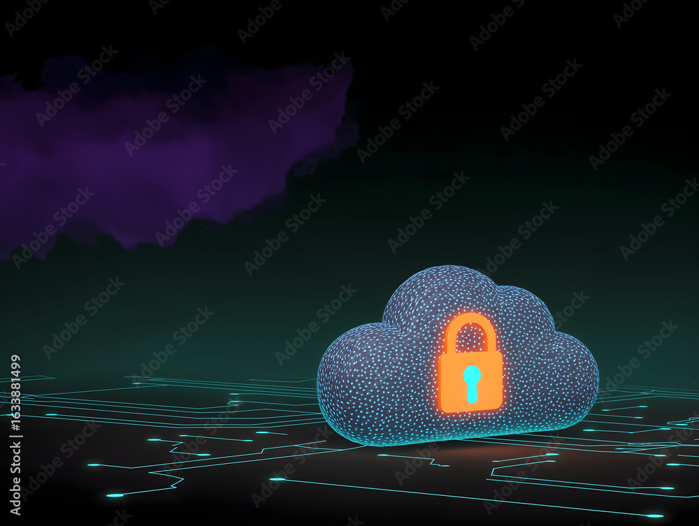 Poster a digital cloud with a padlock symbol, representing data security and privacy in a tech-themed envir