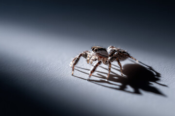 Fototapeta premium Macro Close Up of Jumping Spider Casting Long Shadow on Minimal Background