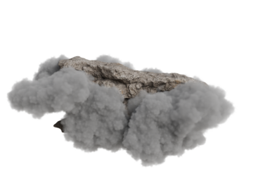 A digitally rendered, light grey, rocky formation, possibly a fossil or mineral specimen, is partially obscured by a cloud-like, textured substance, suggesting vapor, smoke, or dust