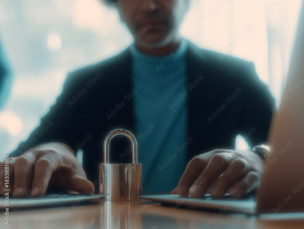 Poster a person sits at a table with a padlock in focus, symbolizing security and confidentiality in a prof