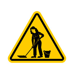 warning sign showing a woman cleaning the floor with a mop and bucket. Ideal for use in caution signs, safety messages, and public hygiene illustrations.
