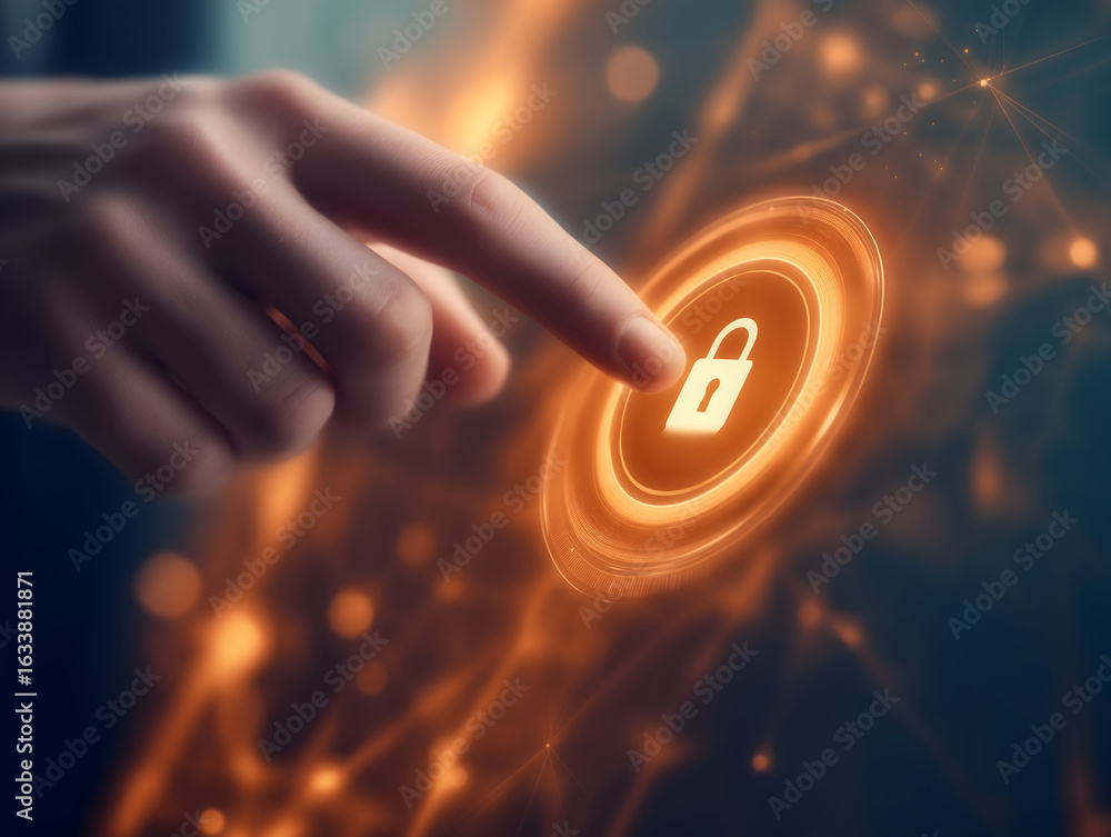 Aufkleber a hand poised to interact with a glowing digital lock symbol, representing themes of cybersecurity a