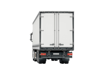 clean, realistic photograph of the rear view of a modern semi-trailer truck parked straight, centered, minimalistic background