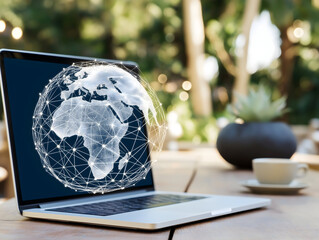 A laptop displaying a digital globe, symbolizing global connectivity, placed on a table with plants and a coffee cup in a serene outdoor setting.
