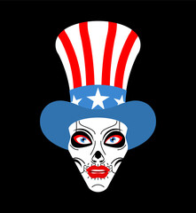 Sinister Uncle Sam skull with glowing eyes on black background. Horror-themed, creepy character in patriotic hat. Great for dystopia, Halloween, or political satire.