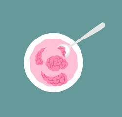 Surreal horror-style soup with human brains floating in a bowl. Conceptual food art combining fear, surrealism, and grotesque imagination.