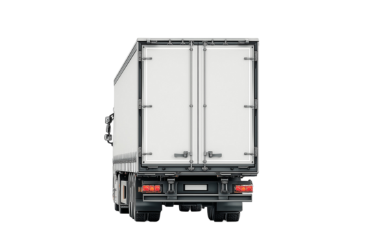 clean, realistic photograph of the rear view of a modern semi-trailer truck parked straight, centered, minimalistic background