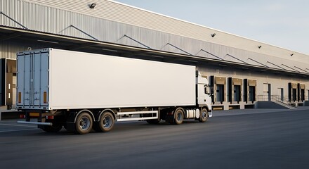 Blank White Semi-Truck Trailer at a Warehouse for Mockup