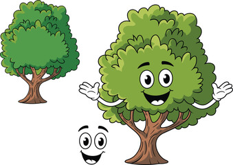 Cartoon trees with smiling faces, anthropomorphic forest illustration, friendly nature design