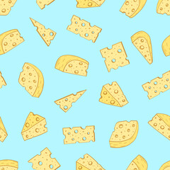 Cheese with holes vector background. Seamless pattern of yellow cheese pieces. The concept of dairy products.