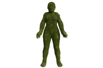 A humanoid figure is completely covered in vibrant green moss, suggesting a fusion of human and nature. The moss appears thick and textured, varying slightly in shade.