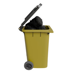 A mustard-yellow wheelie bin with a hinged lid ajar, overflowing with several crumpled black...