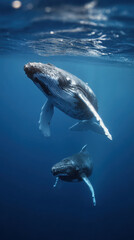 Naklejka premium Baby Whale Swimming with Mother Playful Soft Light