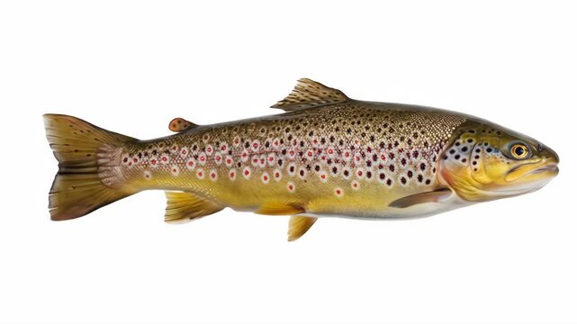 Brown Trout Fish Isolated on White Background - A detailed close-up shot of a brown trout, showcasing its speckled brown and gold scales, fins, and distinctive markings.