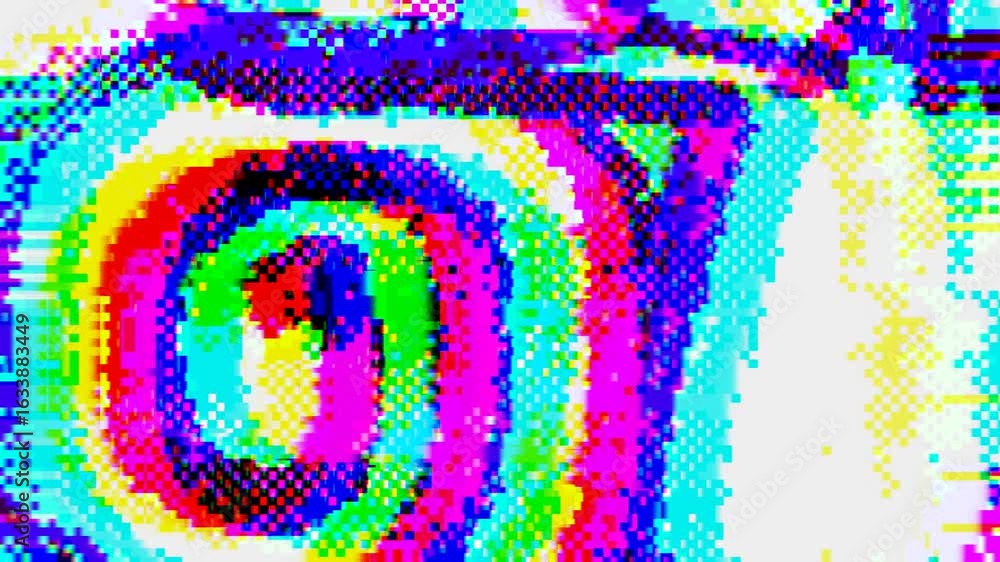 Fototapete 4k loop animation - psychedelic swirl pattern in neon colors with pixelated 8 bit glitch effect. 80s