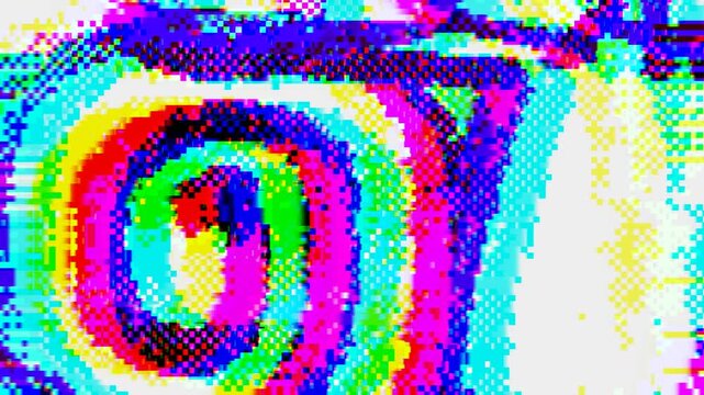 4k loop animation - Psychedelic swirl pattern in neon colors with pixelated 8 bit glitch effect. 80s, Y2K style, distorted lines. Digital art, creative banner, modern 90s, 2000s style vj pattern