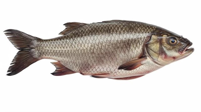Fresh Whole Fish on White Background - A single, whole fish is shown against a pure white background. The fish is dark gray/brown with a visible scale pattern and fins.