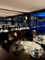night restaurant at the lake, reflections and illumination 