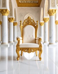 Ornate gold throne in a grand, white marble hall