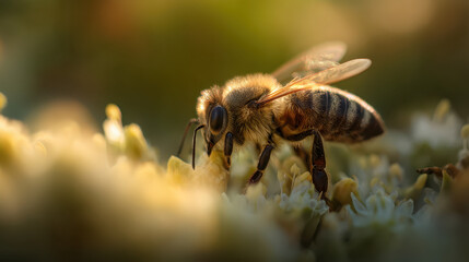 Bee Carrying Pollen Golden Hour Lighting Sharp Focus
