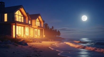 illuminated modern beach house at night with full moon and ocean