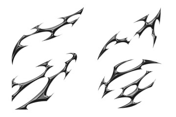 Cyber sigilism chrome metal tattoo set. Silver fantasy tribal tattoo isolated with thorns