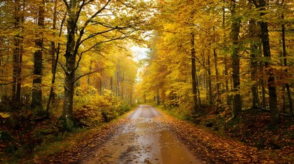Fototapeta premium Golden autumn path through a serene Swedish forest with scattered leaves.