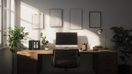 Modern office workspace with a computer, plants, and natural light