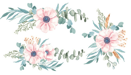 Set of Anemone and Eucalyptus Watercolor Bouquets with dry yellow Tansy and Spikelets of Wheat or Rye. Hand drawn floral compositions on a white background. For greeting birthday cards, wedding
