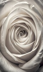 Obraz premium Closeup macro view of a delicate white rose, showcasing its intricate petal structure and soft texture in a serene, atmospheric composition