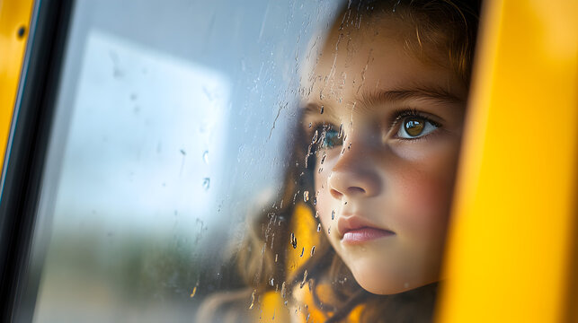 A young girl looks out of a window with raindrops on it while riding a yellow school bus today - Powered by Adobe