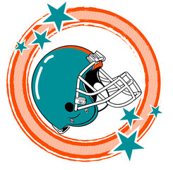 Aqua, orange, white and blue round frame with stars and football Helmet, sport vector graphics, retro style