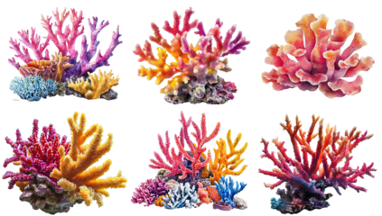 Colorful coral reef formations in vibrant pink, orange, blue, and yellow hues. Various branching and fan-shaped coral structures isolated on black background.