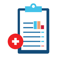 Vector art of medical clipboard with report for healthcare and insurance claims, featuring patient data and analysis