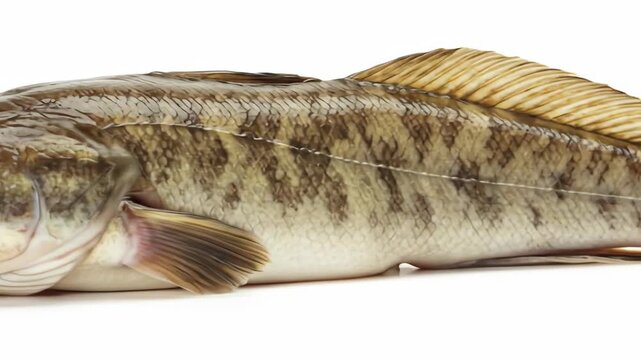 Freshly Caught Burbot Fish Close-Up - A detailed close-up shot of a burbot fish against a clean white background.