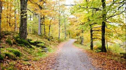 Obraz premium Golden autumn path through a serene Swedish forest with scattered leaves.