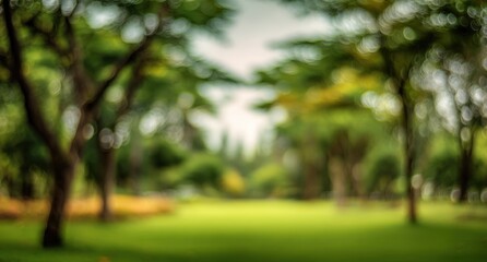 Fototapeta premium Out-of-focus park scene. Green trees, grass, soft light