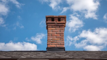 Brick chimney atop a rooftop against a vibrant blue sky with scattered clouds on a sunny day, creating a picturesque and architectural focal point.
