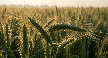 Close up of wheat stalks in a field covered in morning dew and golden sunlight