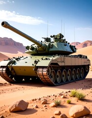 Military tank in desert landscape