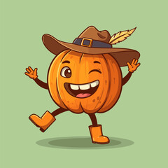 Happy cartoon pumpkin with a big smile, winking eye, brown hat with blue band and feather, orange boots, lively pose with raised leg and arms up, on a light green background.