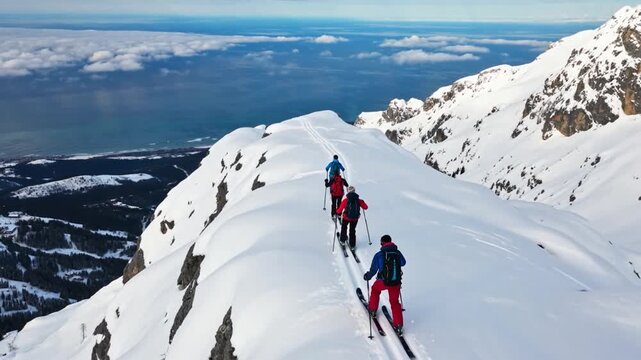 Skieurs de randonn&eacute;e sur une cr&ecirc;te enneig&eacute;e