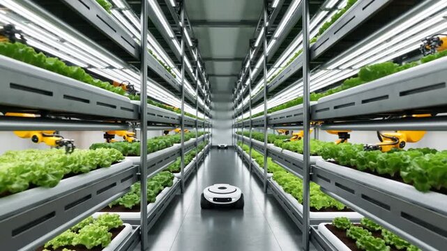 Ferme verticale moderne avec robot agricole