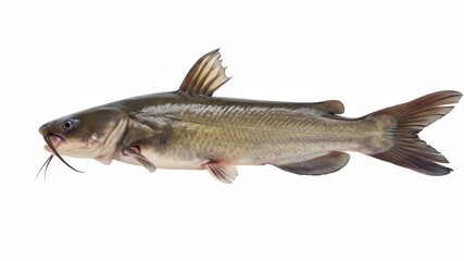 Fresh Channel Catfish on White Background - A single channel catfish is shown in profile view against a pure white background.