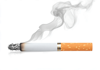 Cigarette with smoke isolated on a transparent background, flat lay